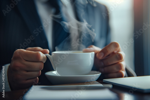 close-up image of a man's hands holding a steaming white coffee cup, with a blurred background featuring the man's suit, an office chair, and a conference table. The professional s