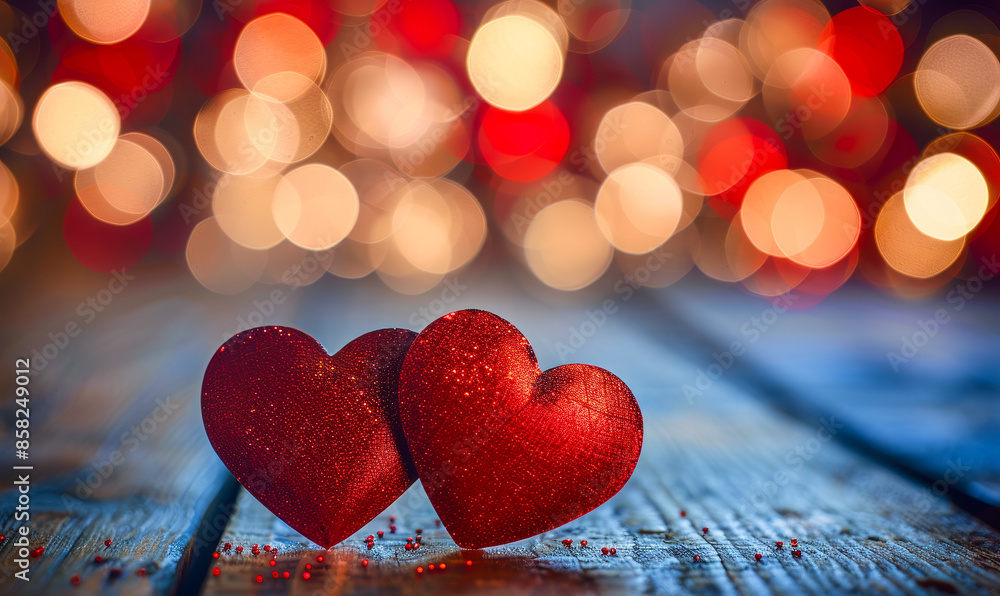 Romantic Red Hearts on Rustic Wooden Table with Defocused Warm Bokeh Lights, Symbolizing Love and Valentine's Day, Cozy Evening Ambiance Romantic Red Hearts on Rustic Wooden Table with Defocused Warm Bokeh Lights, Symbolizing Love and Valentine's Day, Cozy Evening Ambiance
