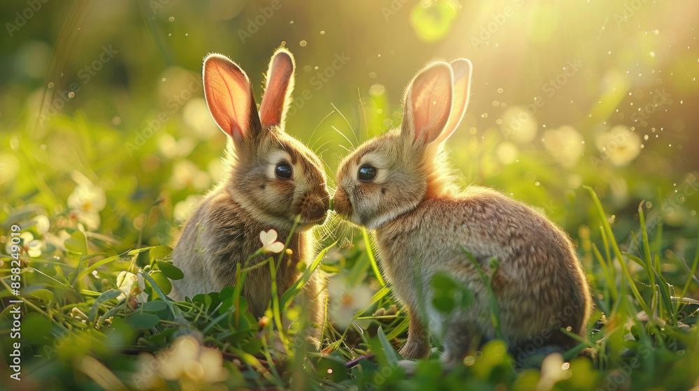 Rabbits eating clover in a sunny grass field Rabbits eating clover in a sunny grass field