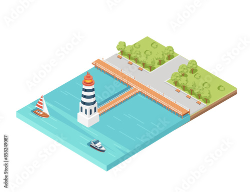 Three-dimensional isometric view showcasing marina pier sailboat and yacht harbor vector illustration isolated on white background