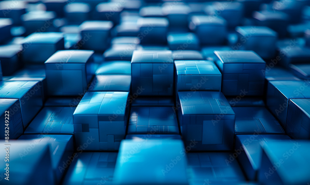 Fototapeta premium Modern Tech Background with Perfectly Aligned Blue and Turquoise 3D Blocks, Futuristic Digital Design, High-Tech Pattern, Digital Technology Concept for Innovation and Cutting-Edge Visuals