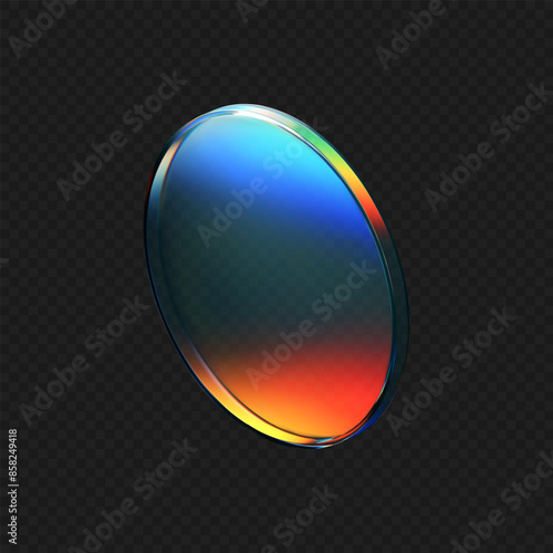 3d crystal glass plate with rainbow, holographic effect isolated on dark background. Render transparent glass disk, product podium or mirror with iridescent gradient texture. 3d vector figure