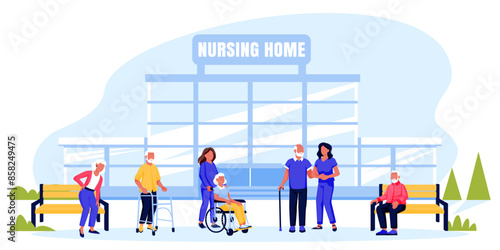 People walk near nursing home building, vector flat cartoon illustration. Senior persons assistance. Nurses support and care of elderly people. Banner, poster, flyer design elements