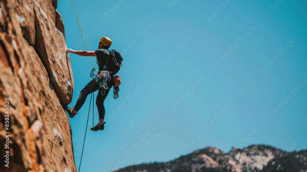 Fototapeta premium Rock climber scaling a steep cliff face with safety gear