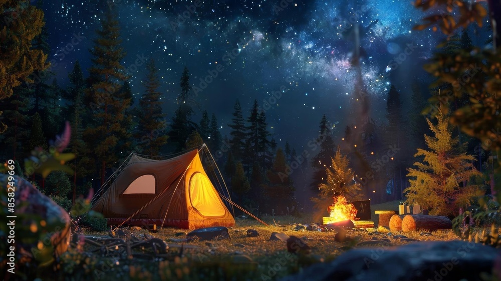Camping Photograph a cozy campsite in the woods with a tent, campfire, and starry sky. Camping Photograph a cozy campsite in the woods with a tent, campfire, and starry sky.