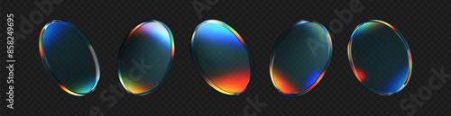 3d crystal glass plate set with rainbow, holographic effect isolated on dark background. Render transparent glass disk, product podium or mirror with iridescent gradient texture. 3d vector figure