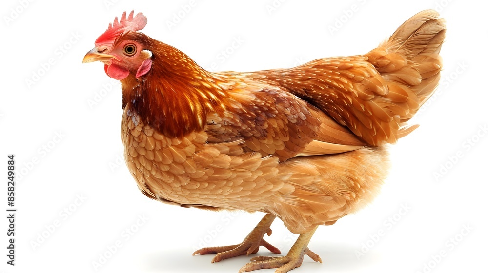 Fototapeta premium Close-up portrait of brown chicken or hen with vibrant feathers and comb in studio setting