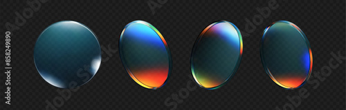 3d crystal glass plate set with rainbow, holographic effect isolated on dark background. Render transparent glass disk, product podium or mirror with iridescent gradient texture. 3d vector figure