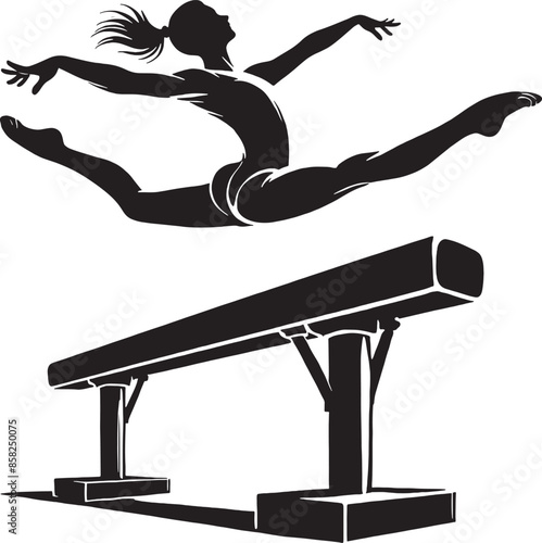 A black and white vector silhouette illustration of a gymnast performing on a balance beam