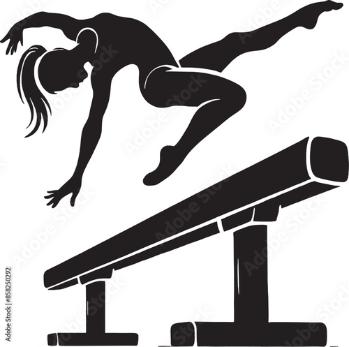 A black and white vector silhouette illustration of a gymnast performing on a balance beam
