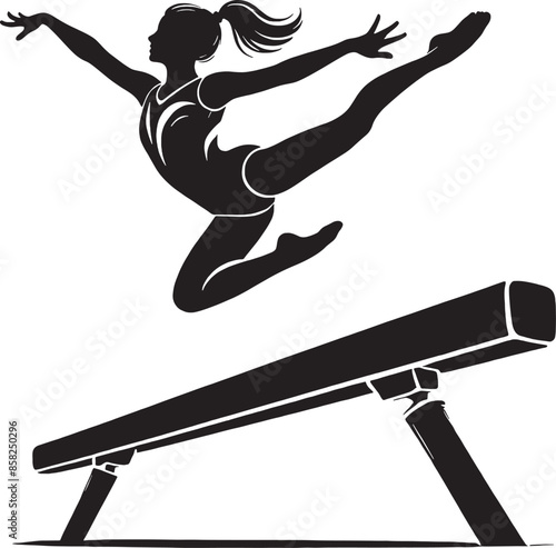 A black and white vector silhouette illustration of a gymnast performing on a balance beam