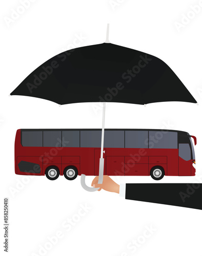Hand hold umbrella in front of bus. vector illustration