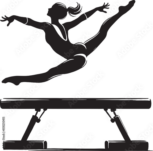 A black and white vector silhouette illustration of a gymnast performing on a balance beam