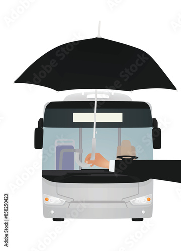 Hand hold umbrella in front of bus. vector illustration
