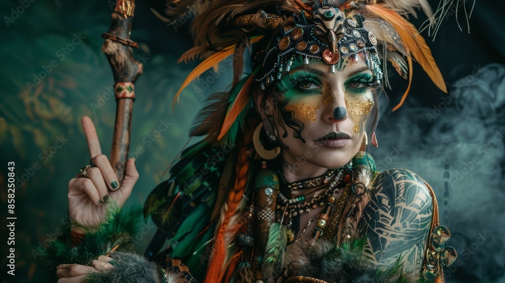 A woman with a painted face and feathers holding an umbrella, AI A woman with a painted face and feathers holding an umbrella, AI
