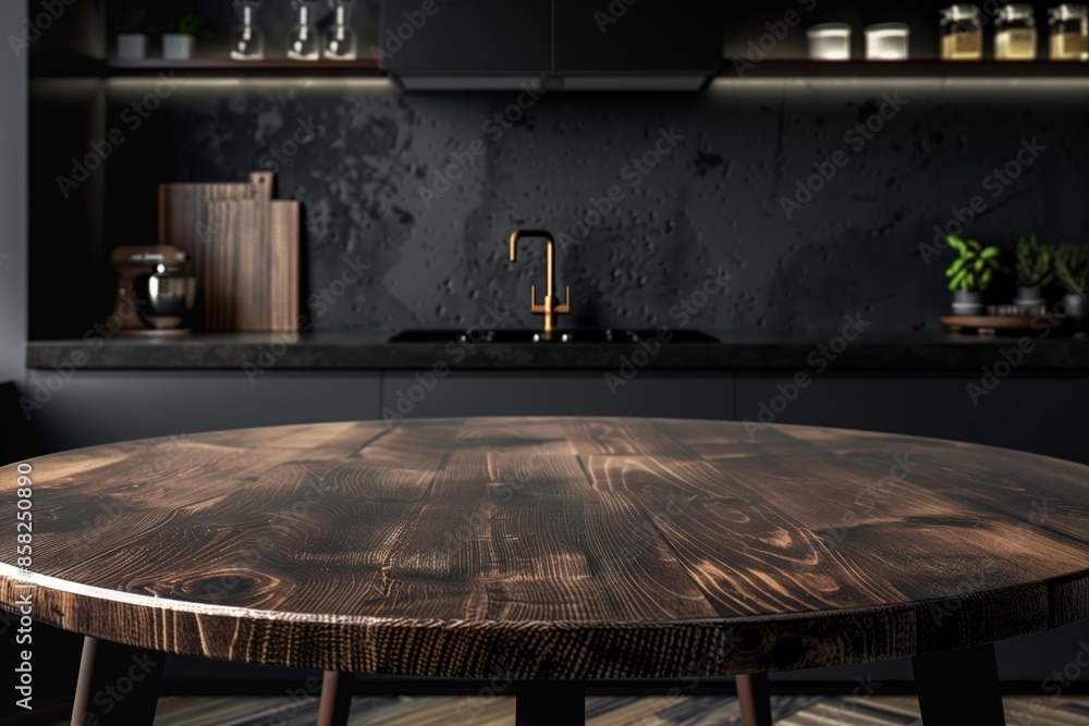 Empty round dark wooden table on a black kitchen, a simple blur dark stylish background Empty round dark wooden table on a black kitchen, a simple blur dark stylish background
