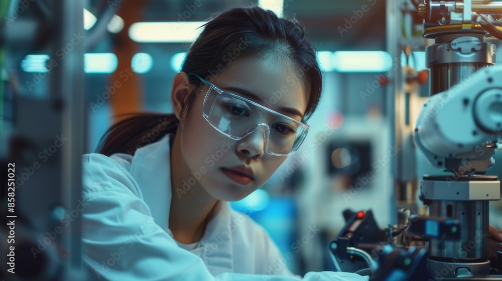 Focused Engineer Working with Robotics in a Factory Focused Engineer Working with Robotics in a Factory