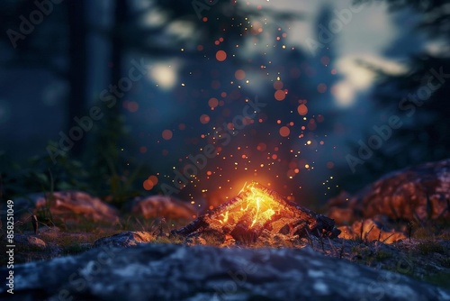 Capture a frontal view of a campfire, emphasizing the blurred ember glow Create a realistic image with digital techniques, photo
