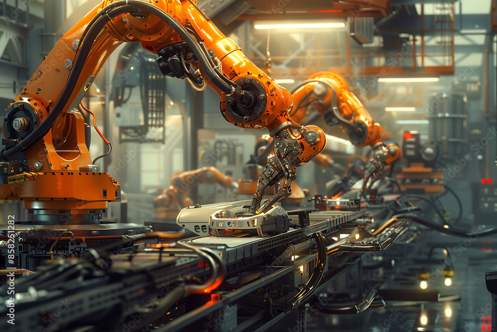 A high-tech factory with robots on an assembly line, manufacturing car body parts efficiently. A high-tech factory with robots on an assembly line, manufacturing car body parts efficiently.