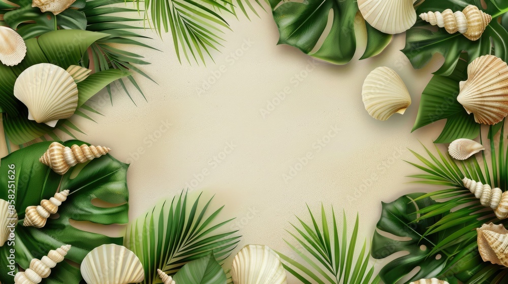 Tropical Seashells and Palm Leaves Border Tropical Seashells and Palm Leaves Border