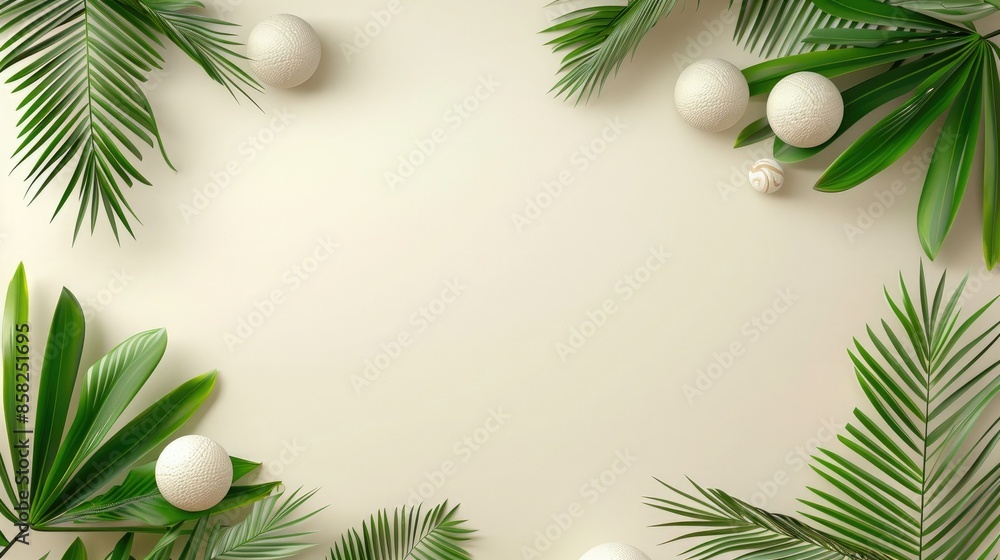 Tropical Oasis With White Balls and Palm Leaves Tropical Oasis With White Balls and Palm Leaves