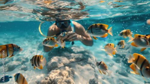 Fototapeta Naklejka Na Ścianę i Meble -  Snorkeler observing tropical fish in crystal-clear water