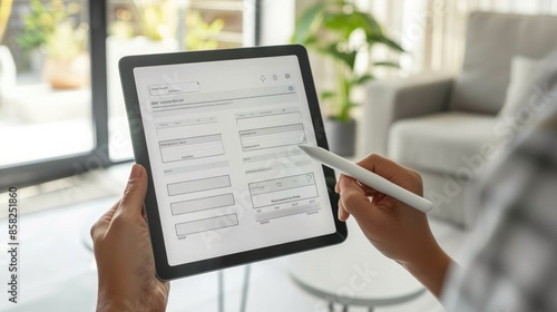 Hand with stylus filling out consumer survey form on tablet, emphasis on modern design. Consumer survey answer form
