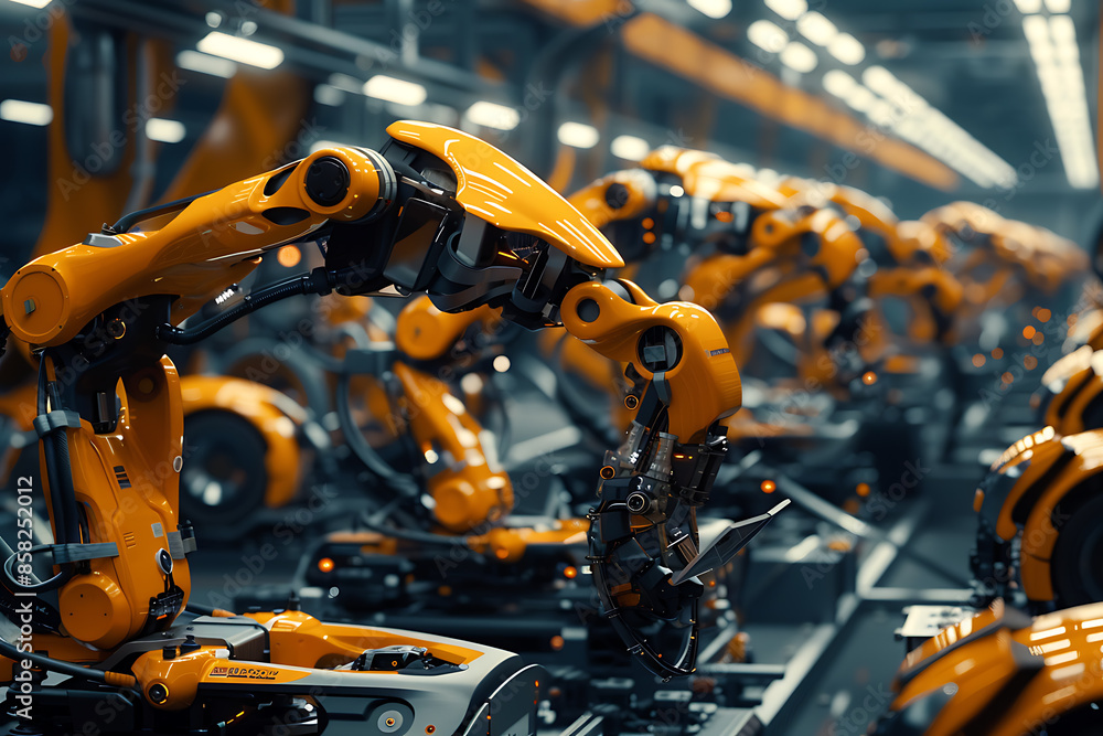 A high-tech factory with robots on an assembly line, manufacturing car body parts efficiently. A high-tech factory with robots on an assembly line, manufacturing car body parts efficiently.