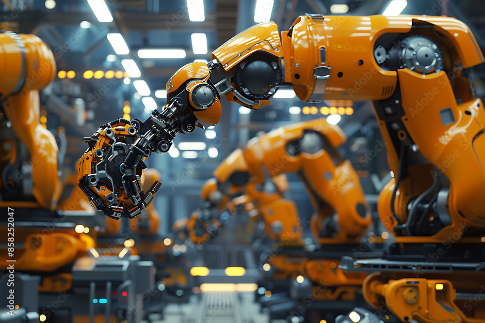 A high-tech factory with robots on an assembly line, manufacturing car body parts efficiently. A high-tech factory with robots on an assembly line, manufacturing car body parts efficiently.