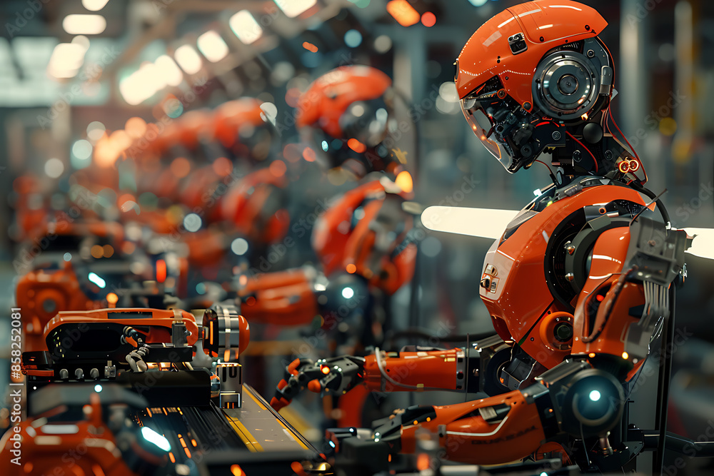 A high-tech factory with robots on an assembly line, manufacturing car body parts efficiently. A high-tech factory with robots on an assembly line, manufacturing car body parts efficiently.