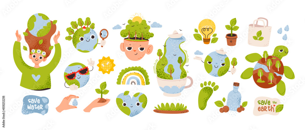 Obraz premium Cute planet earth. Ecological illustrations of saving the planet. World Environment Day. Go green and green energy. Eco-friendly concept 