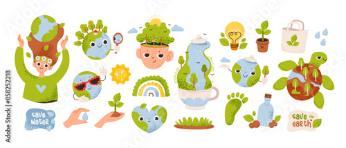 Cute planet earth. Ecological illustrations of saving the planet. World Environment Day. Go green and green energy. Eco-friendly concept
