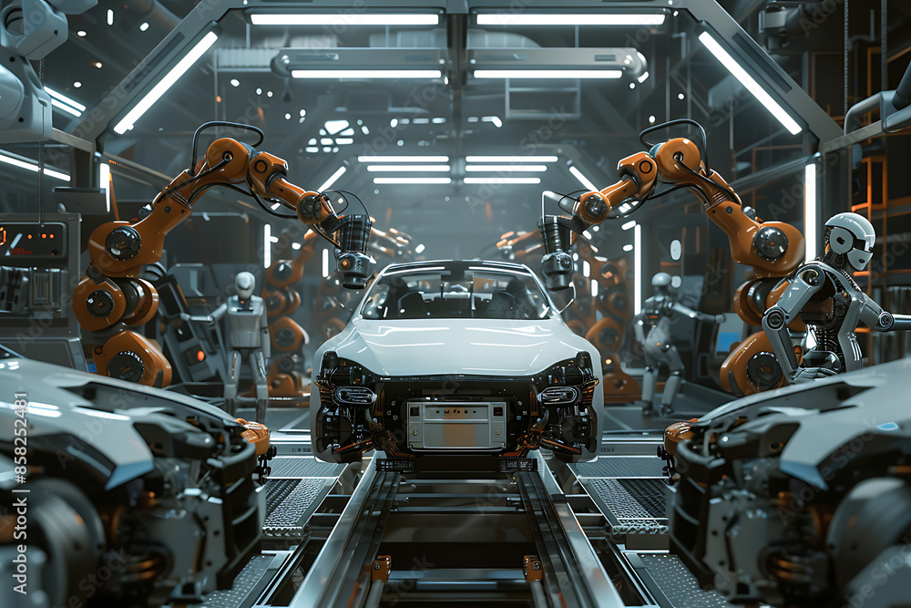 A high-tech factory with robots on an assembly line, manufacturing car body parts efficiently. A high-tech factory with robots on an assembly line, manufacturing car body parts efficiently.