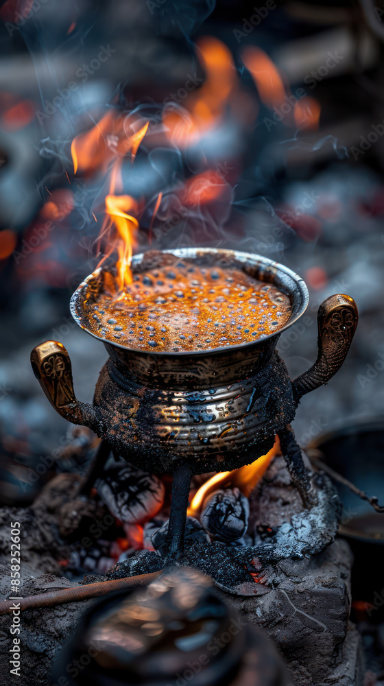 Ancient Cooking Ritual Outdoors Rustic Copper Pot with Bubbling Hot Liquid Heated on a Wood Fire A Timeless Tradition Captured Amidst Crackling Flames and Embers Ancient Cooking Ritual Outdoors Rustic Copper Pot with Bubbling Hot Liquid Heated on a Wood Fire A Timeless Tradition Captured Amidst Crackling Flames and Embers