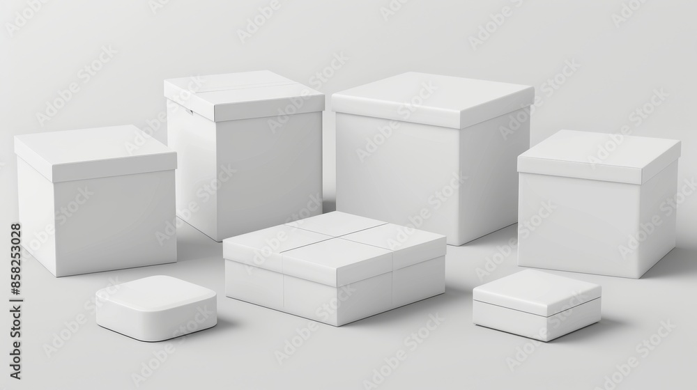 White cardboard boxes. Blank medicine boxes in various sizes. 3D modern isolated mockups. Container package, cardboard box, mockup compact block illustration. White cardboard boxes. Blank medicine boxes in various sizes. 3D modern isolated mockups. Container package, cardboard box, mockup compact block illustration.