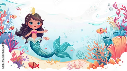 Poster template with mermaid and sea fish elements, free modern background for little princess.