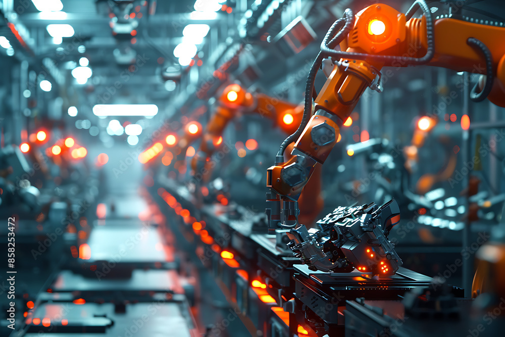 A high-tech factory with robots on an assembly line, manufacturing car body parts efficiently.