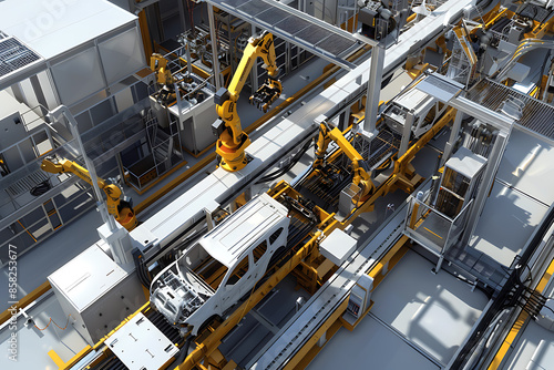 A high-tech factory with robots on an assembly line, manufacturing car body parts efficiently.