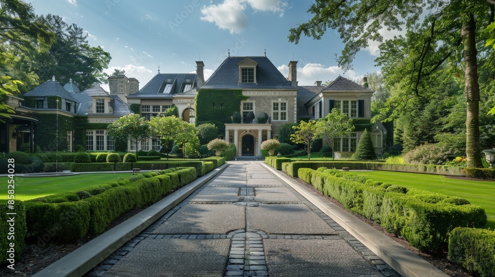 Luxurious mansion featuring a long driveway and beautifully manicured gardens, exemplifying elegance and sophisticated landscape design. Luxurious mansion featuring a long driveway and beautifully manicured gardens, exemplifying elegance and sophisticated landscape design.