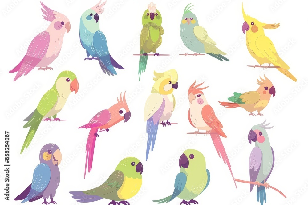 Naklejka premium An adorable collection of funny cartoon parrot characters in a jungle environment. Cartoon modern collection of various colorful exotic birds with beaks, wings and tales. Exotic animals and pets in