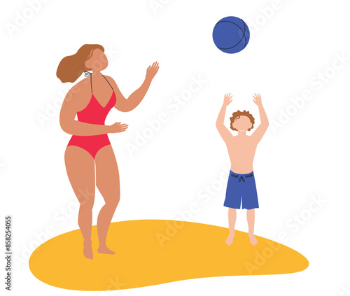 ball game illustration, woman in swimsuits and boy playing ball on the beach. Flat vector illustration isolated for holiday, sport, rest poster, banner, flyer, invitation, championship designs 