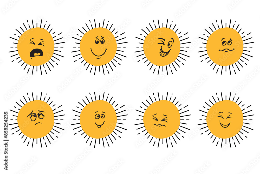 sun emoticon set. Fun social media Symbol. Vector funny face suns. mood, weather, star, astrology, Times of Day, holiday decoration, poster, greeting card, sticker, social media design. sun emoticon set. Fun social media Symbol. Vector funny face suns. mood, weather, star, astrology, Times of Day, holiday decoration, poster, greeting card, sticker, social media design.