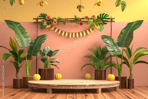3D realistic display of summer festival products with bandeirinha
