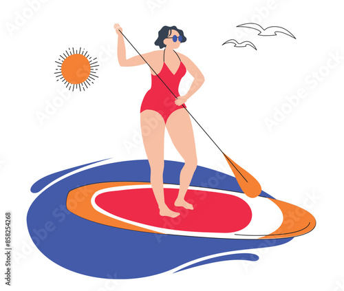 Women on sup board, sup boarding concept. summer sport flat vector illustration isolated. female character float with paddles, stand  on supboard, swimming with surfboard for sport, rest, holiday 