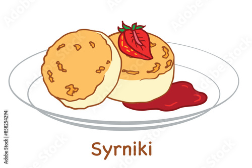 cottage cheese pancakes, syrniki, soufflé pancakes with strawberry and jam on a plate isolated background. healthy breakfast cartoon illustration for cafe restaurant menu, recipe, cookbook.