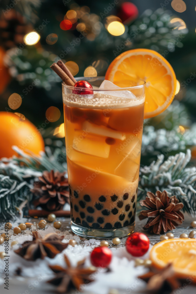 Festive Holiday Beverage with Cinnamon, Orange Slice, Ice, and Tapioca Pearls in a Glass Christmas Themed Drink Against a Background of Decorated Tree and Winter Scenery Festive Holiday Beverage with Cinnamon, Orange Slice, Ice, and Tapioca Pearls in a Glass Christmas Themed Drink Against a Background of Decorated Tree and Winter Scenery
