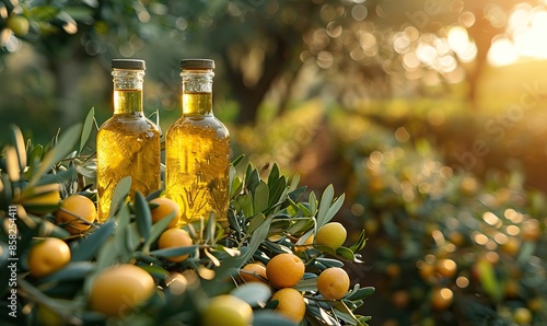 Golden olive oil bottles adorned with olive leaves and fruits stand amidst a serene olive grove, bathed in warm morning sunlight. illustration images photo