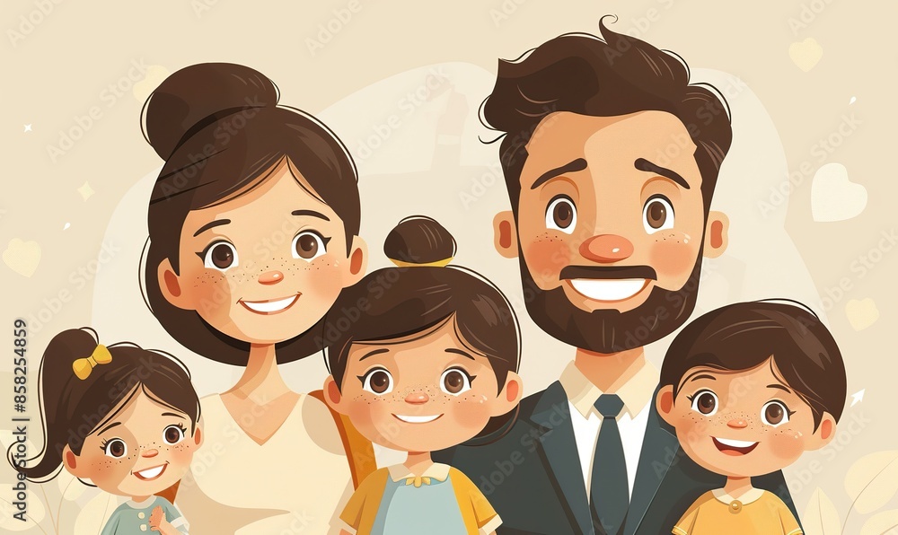 Joyous family portrait of a smiling father, mother, and their children, symbolizing family togetherness on a blank white backdrop. illustration images Joyous family portrait of a smiling father, mother, and their children, symbolizing family togetherness on a blank white backdrop. illustration images