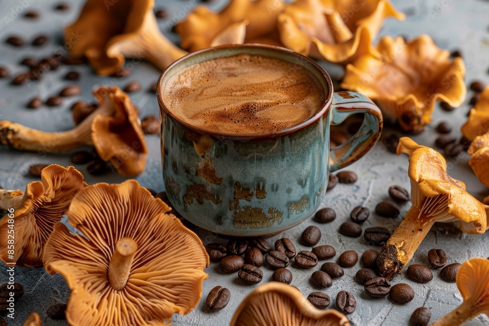 A cup of mushroom coffee rests on the table surrounded by mushrooms and coffee beans. A cup of mushroom coffee rests on the table surrounded by mushrooms and coffee beans.