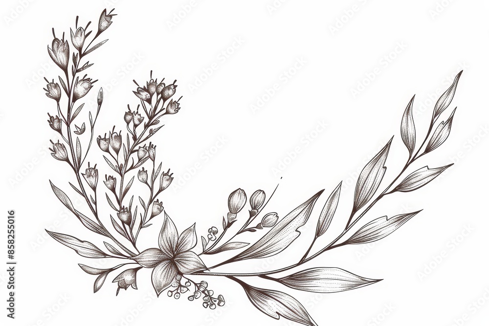 Naklejka premium This is a set of floral corner, botanical decoration with flowers and branches. This is a set of hand drawn herb, homeplant with beautiful leaves. This is a set of botanical rustic trendy greenery in